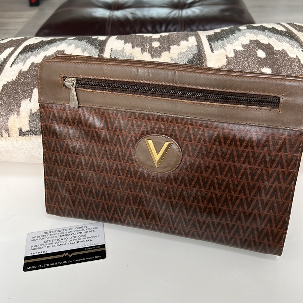 Chocolate brown VALENTINO CLUTCH with leather trim